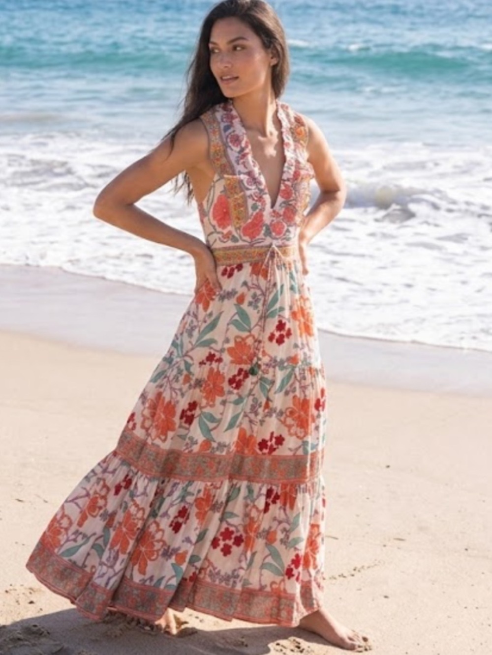 Bell by Alicia Bell Allie Halter Maxi Dress in Orange Coral Floral Size M NWOT